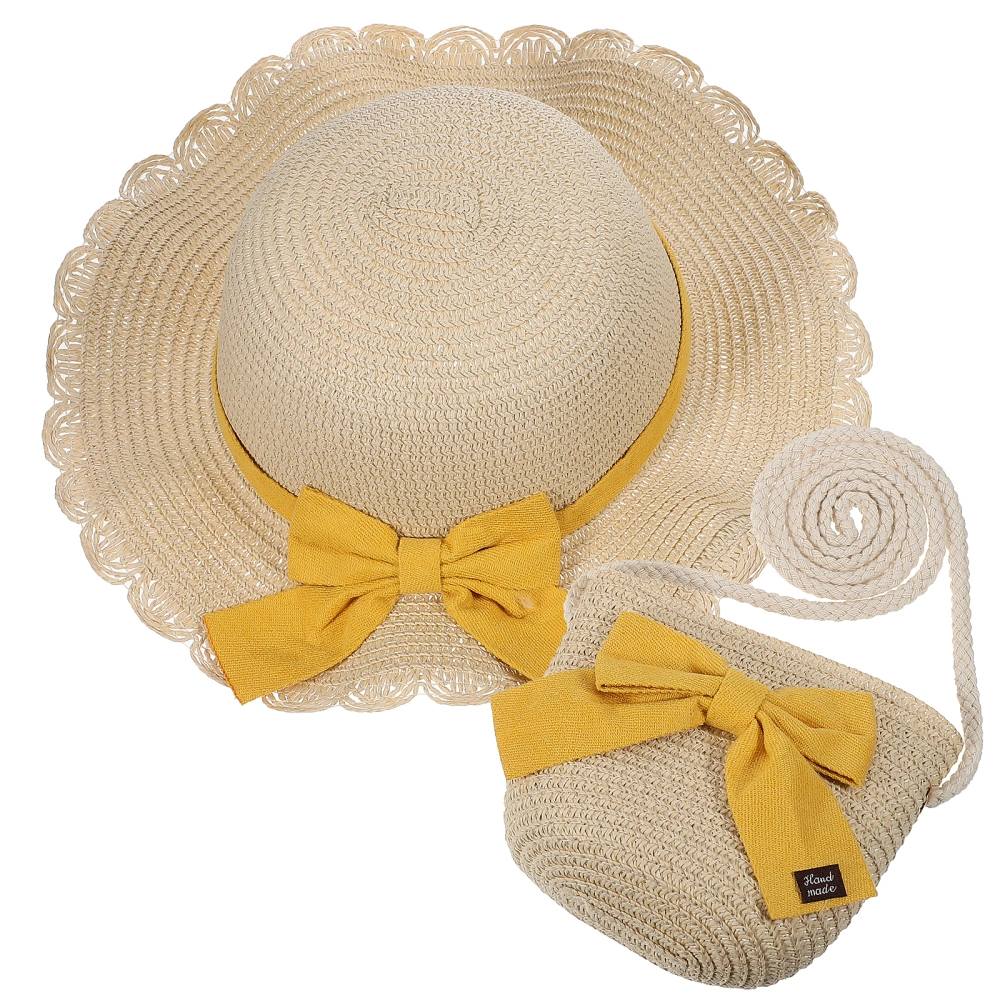 Straw Hat and Shoulder Bag Set Bowknot Decor Wide Edge Sun Hat Crossbody Bag for Summer Beach