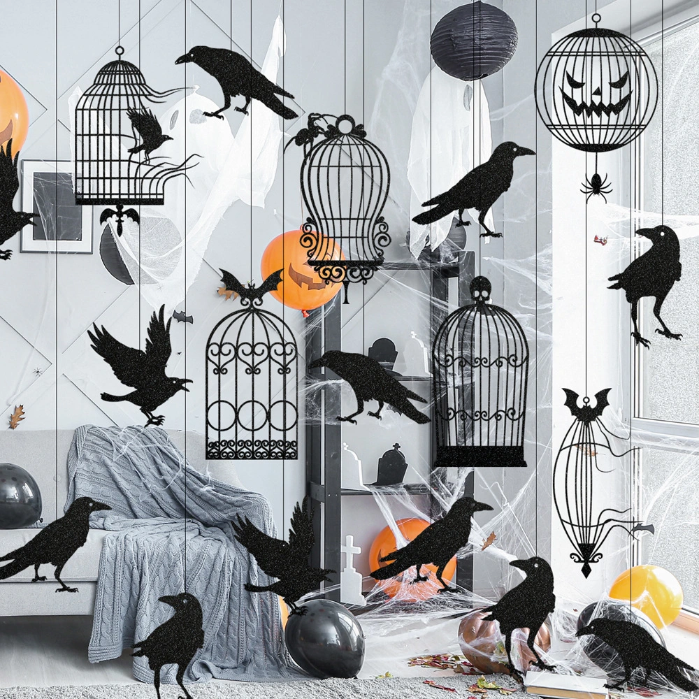 1 Set Halloween Paper Pendants Party Paper Crow Birdcage Molding Hanging Decors