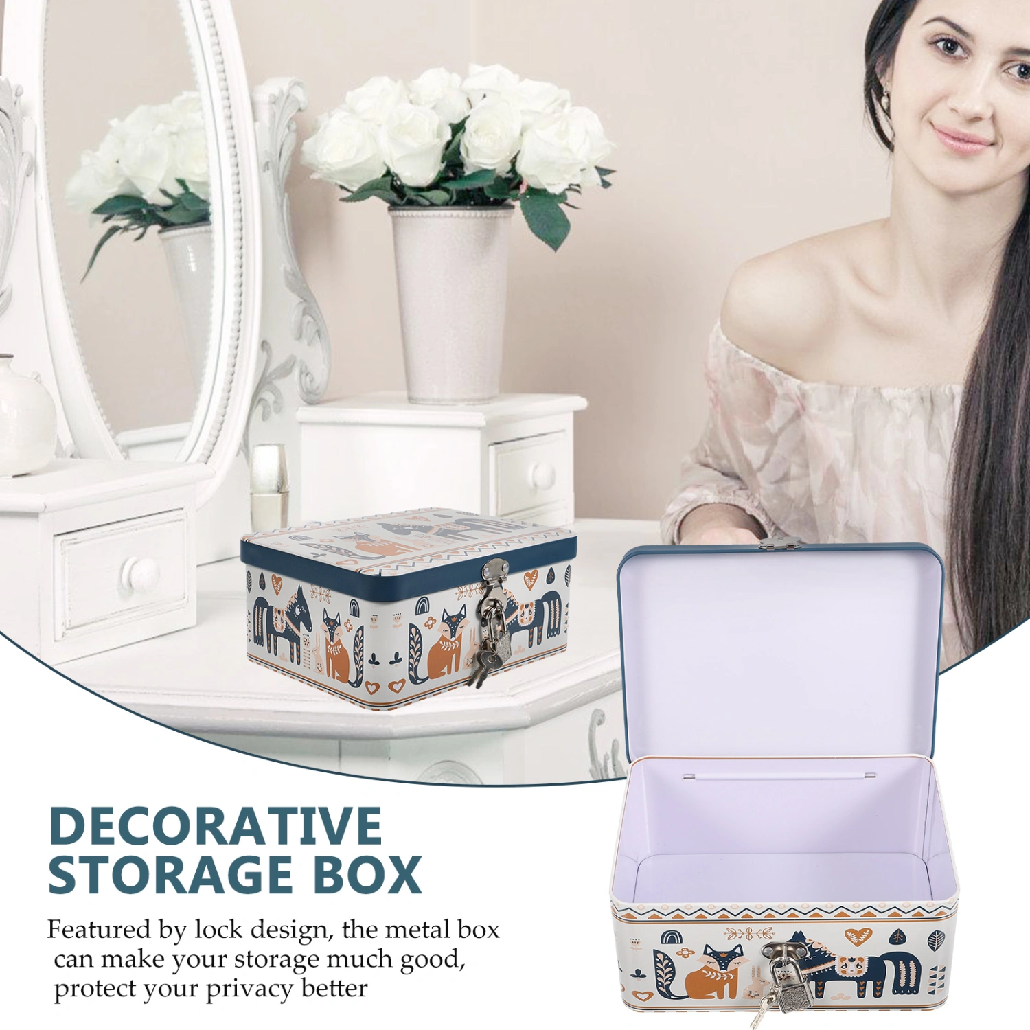 Metal Storage Box Trinket Box with Lock Jewelry Storage Case Decorative Sundries Organizer
