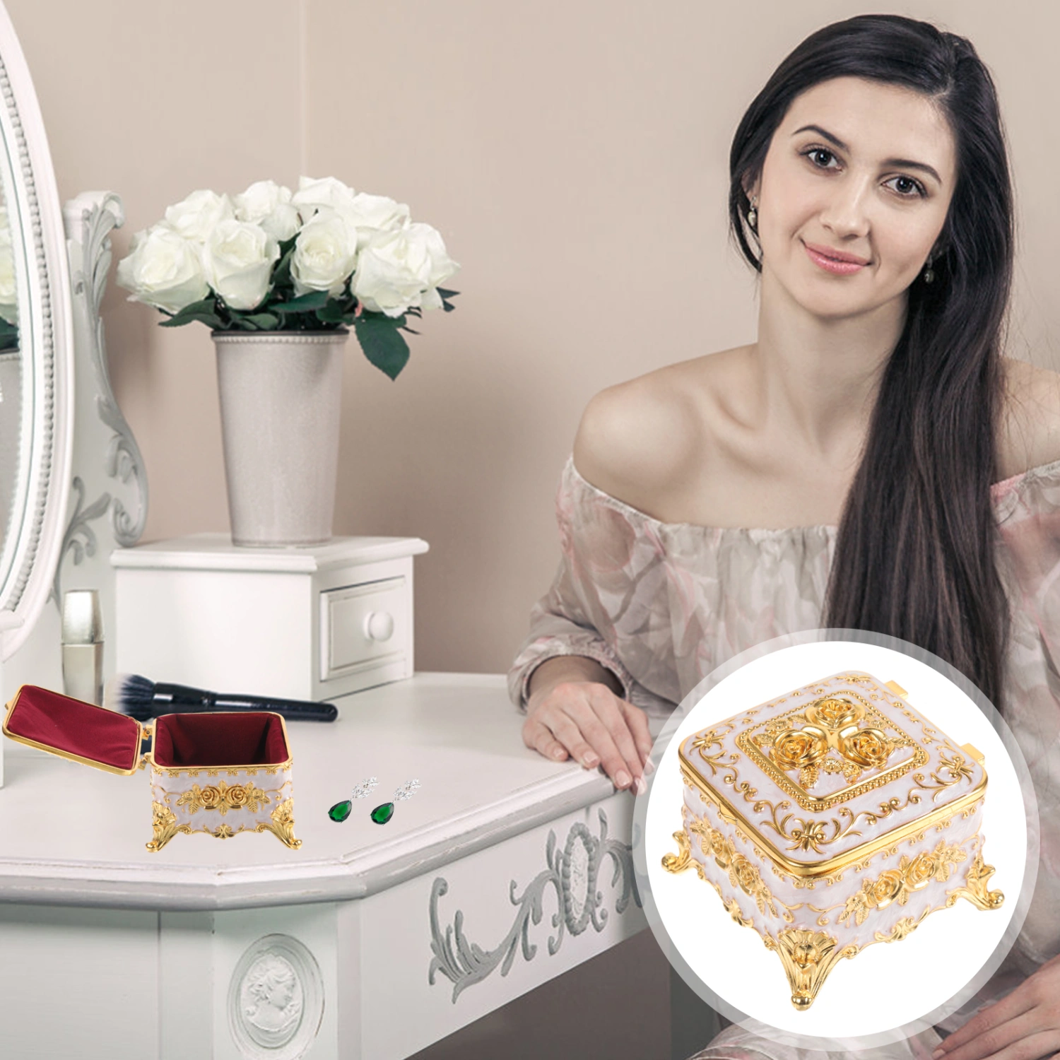 Alloy Jewelry Organizer Decorative Relief Flower Pattern Trinket Box Vintage Style Jewelry Box