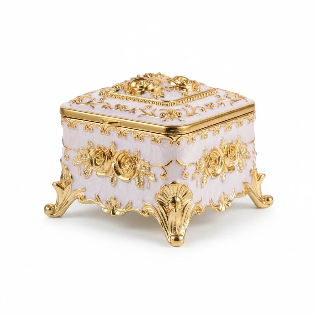 Alloy Jewelry Organizer Decorative Relief Flower Pattern Trinket Box Vintage Style Jewelry Box