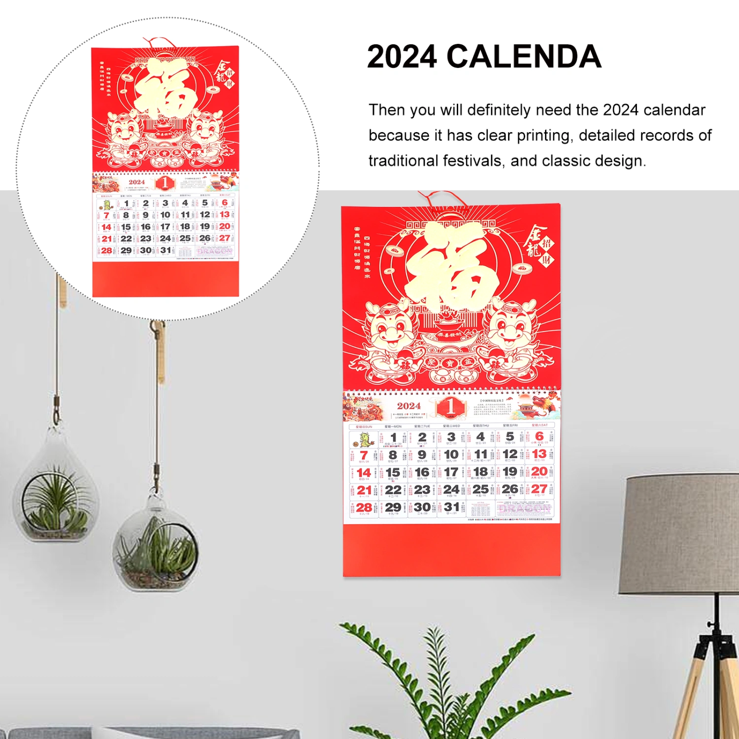Tearable 2024 Calendar Wall Calendar Hanging 2024 Calendar Year of Dragon Wall Calendar Pendant