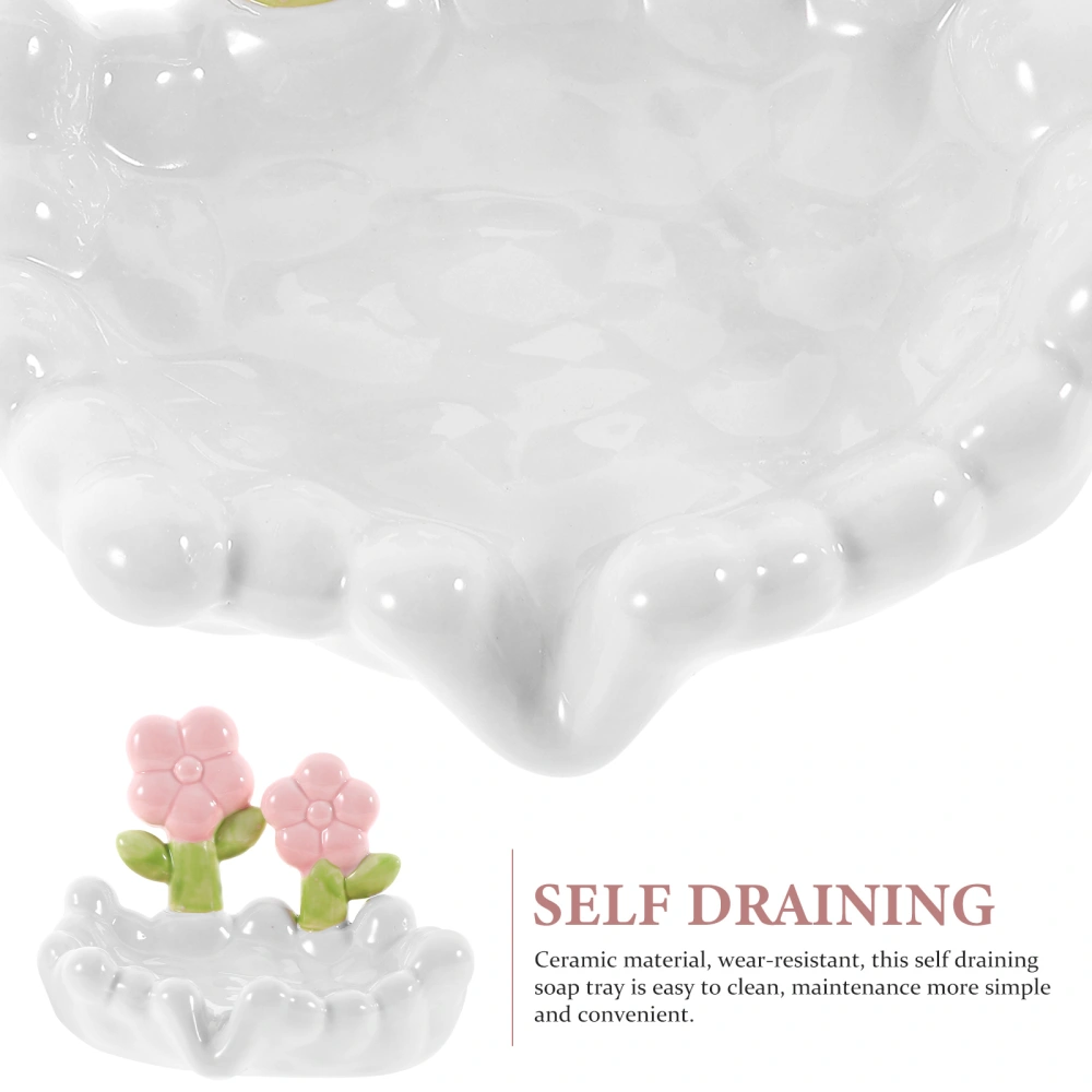 Self-draining Soap Dish Ceramic with Flowers Decor Soap Water Draining Soap Dish