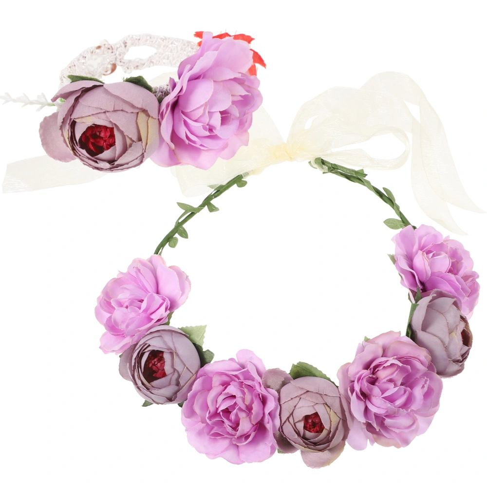 1 Set Flower Crown Bridal Corsage Flower Wristband Set Wedding Accessories for Bridal