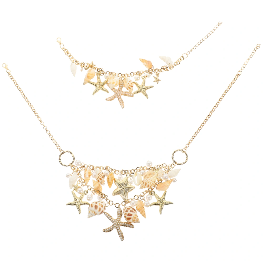 1 Set Women Necklace Bracelet Sea Conch Stars Jewelries Ocean Theme Wrist Bracelet Necklace