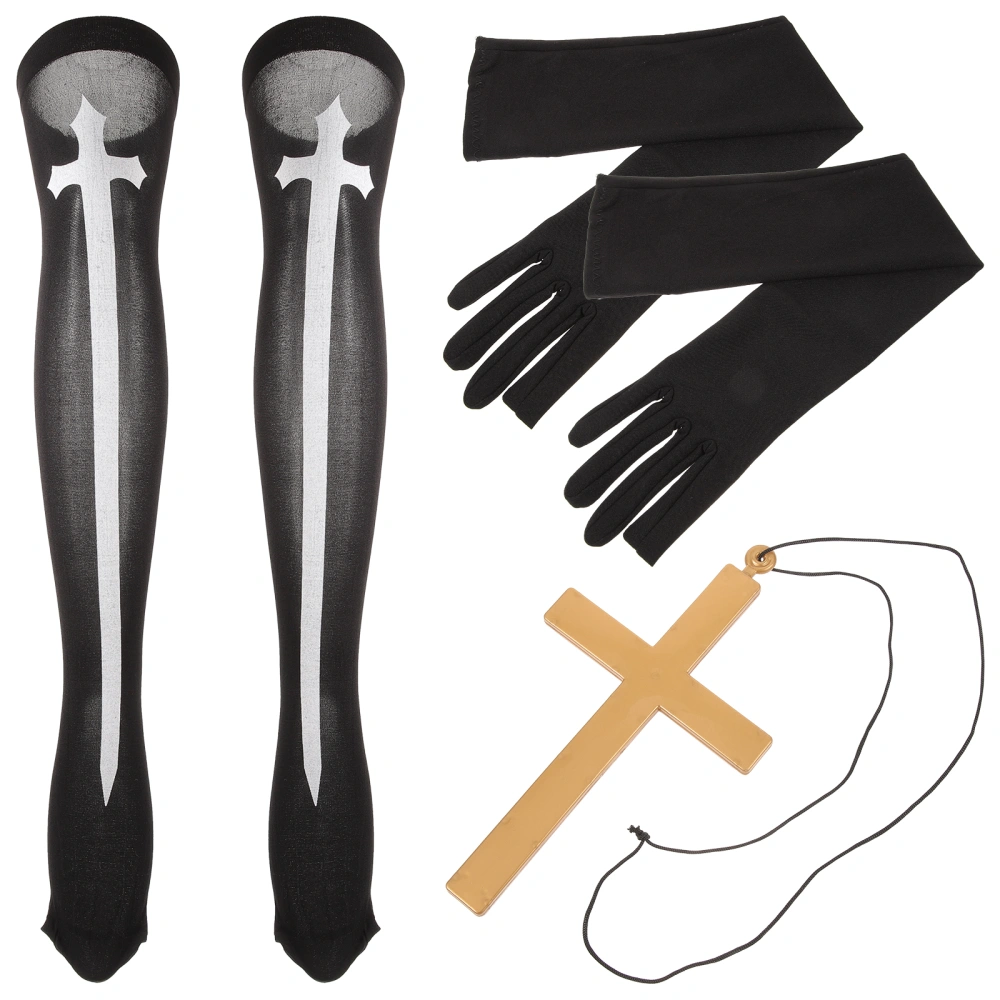 1 Set Nun High Knee Stocks Nun Gloves Cross Pendent Necklace for Carnival Themed Party