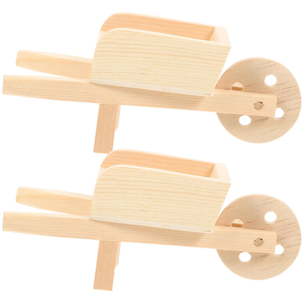 2 pcs Doll House Miniature Wooden Barrows Mini Wood Wheelbarrows Models Mini Cart Barrows