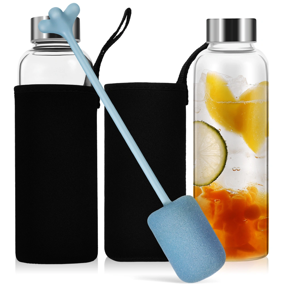 2 Sets of Glass Water Bottles with Bottle Sleeves and Bottle Brush for Juice Tea Water Coffee Milk