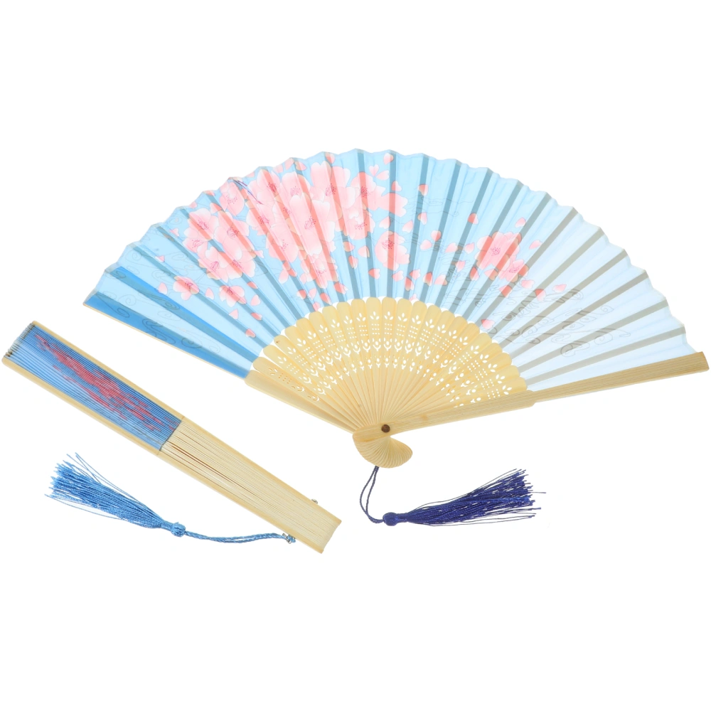 2Pcs Hand Folding Fans Silk Fabric Bamboo Folding Fan Chinese Style Hand Fan with Tassel