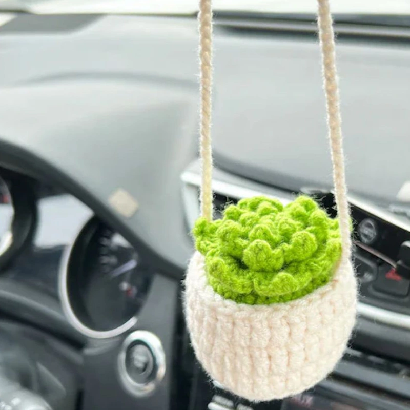 Crochet Plant with Basket Ornament Car Interior Decoration Car Hanging Crochet Ornament