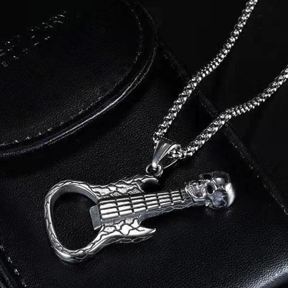 Men Necklace Guitar Skull Pendant Necklace Personalized Necklace Metal Beer Bottle Opener