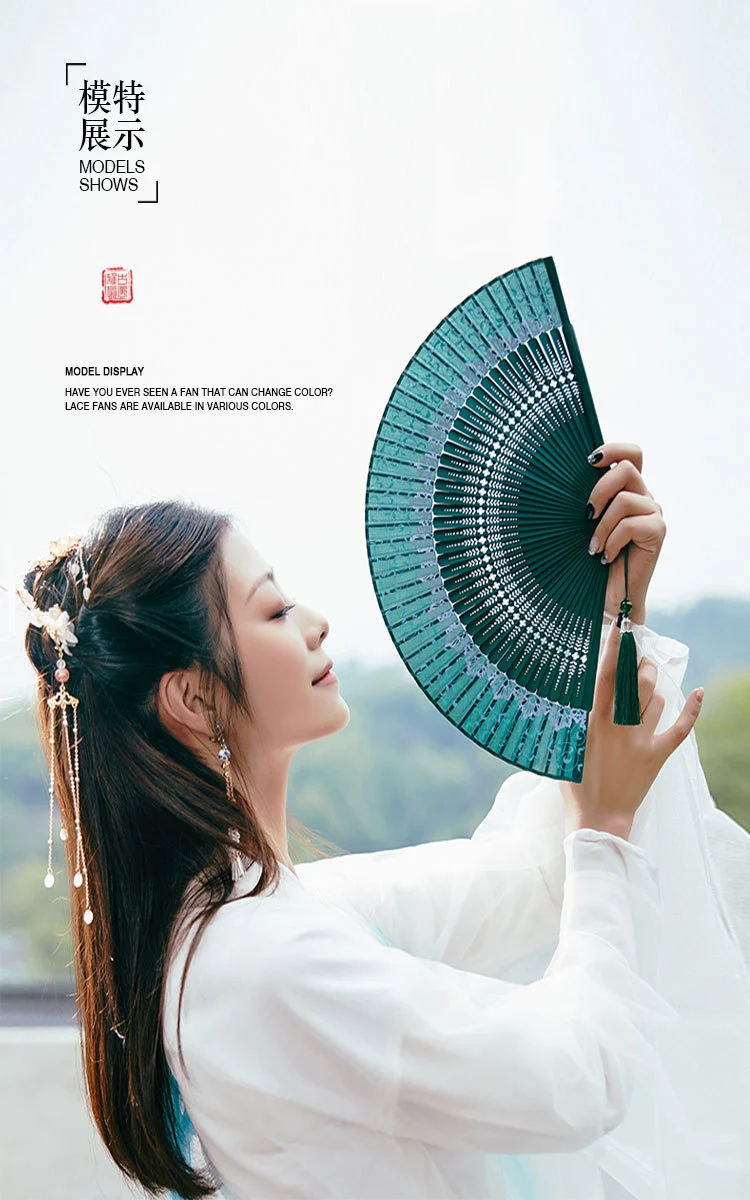 Handheld Folding Fan Chinese Style Hollow out Fan Bamboo Silk Performance Fan with Base