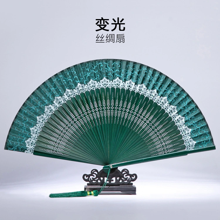 Handheld Folding Fan Chinese Style Hollow out Fan Bamboo Silk Performance Fan with Base