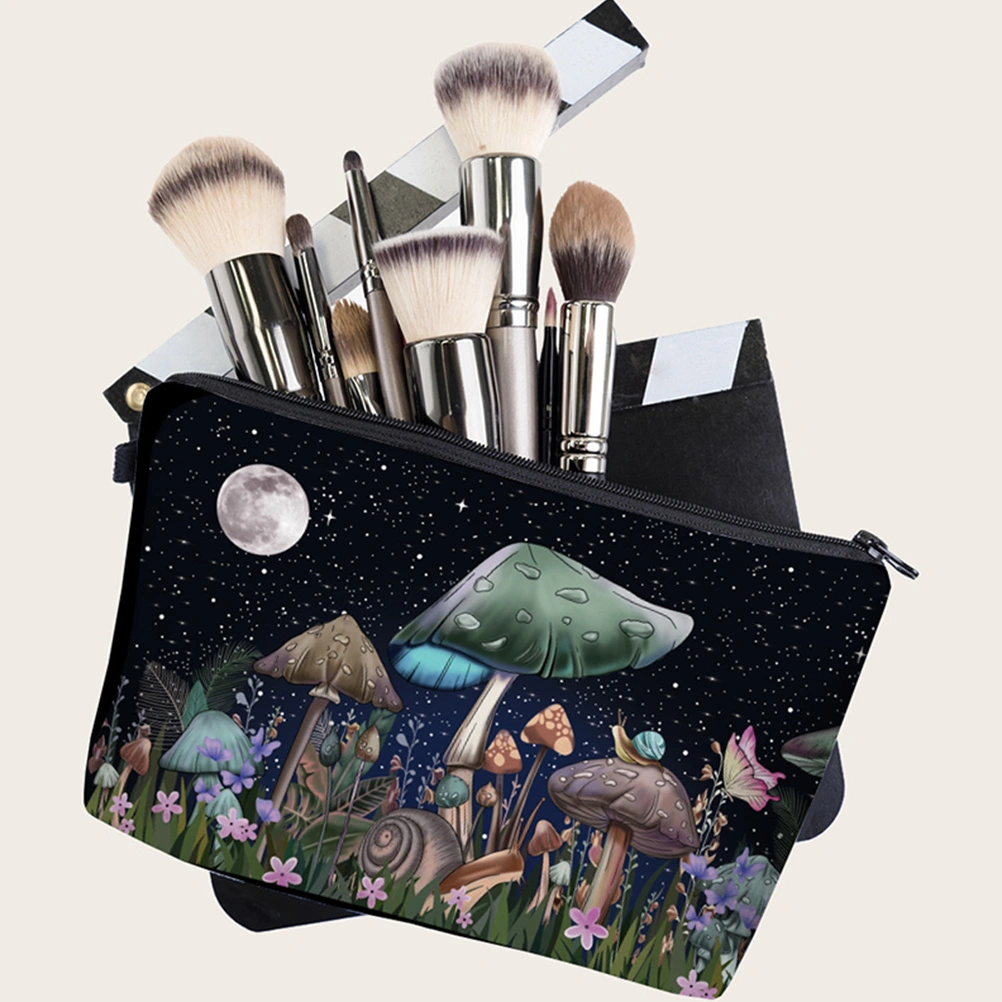 Mushroom Print Makeup Bag with Zipper Portable Makeup Bag Cosmetic Bag for Travel