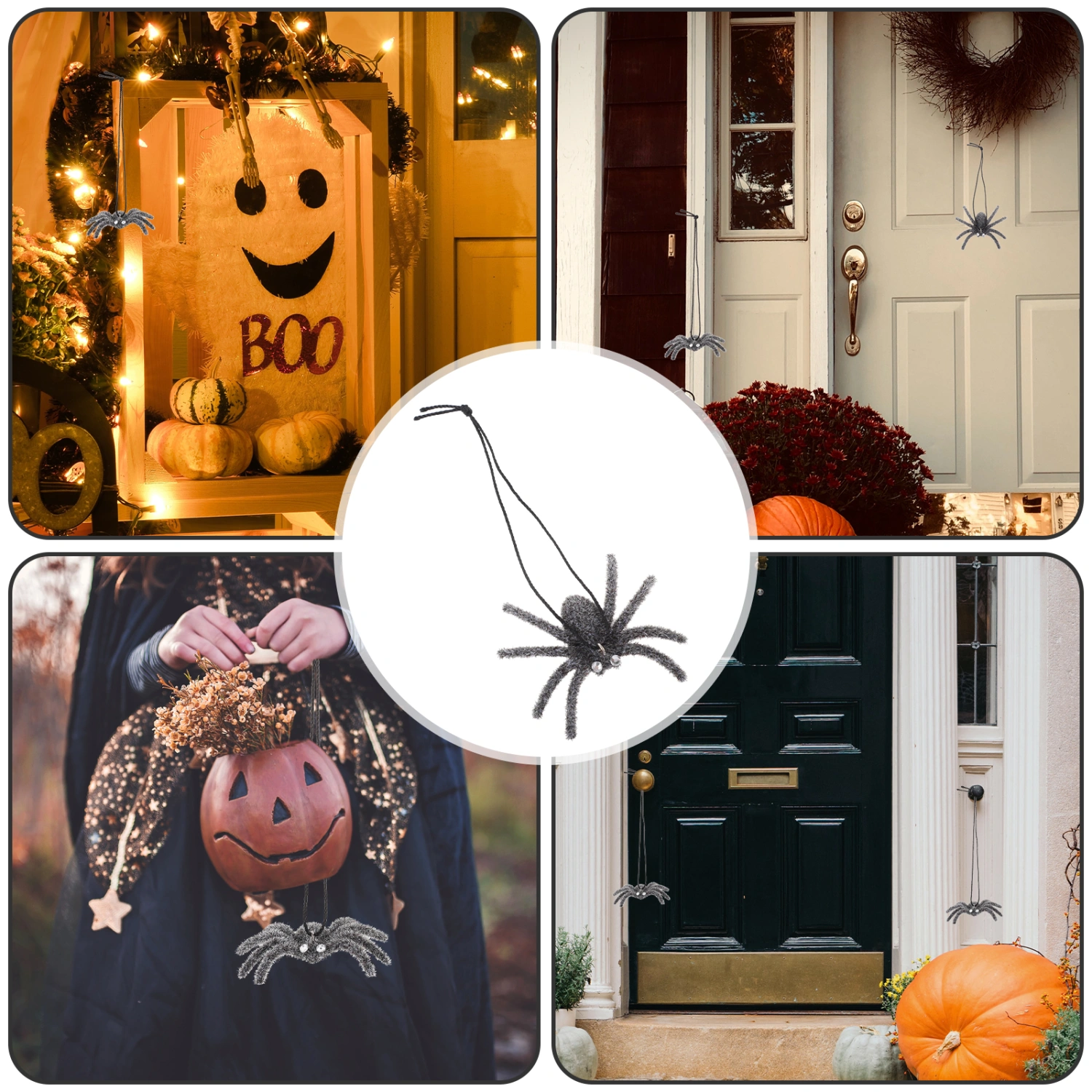 5pcs Halloween Spider Decors Flocking Spiders with Lanyard Halloween Haunted House Decorations