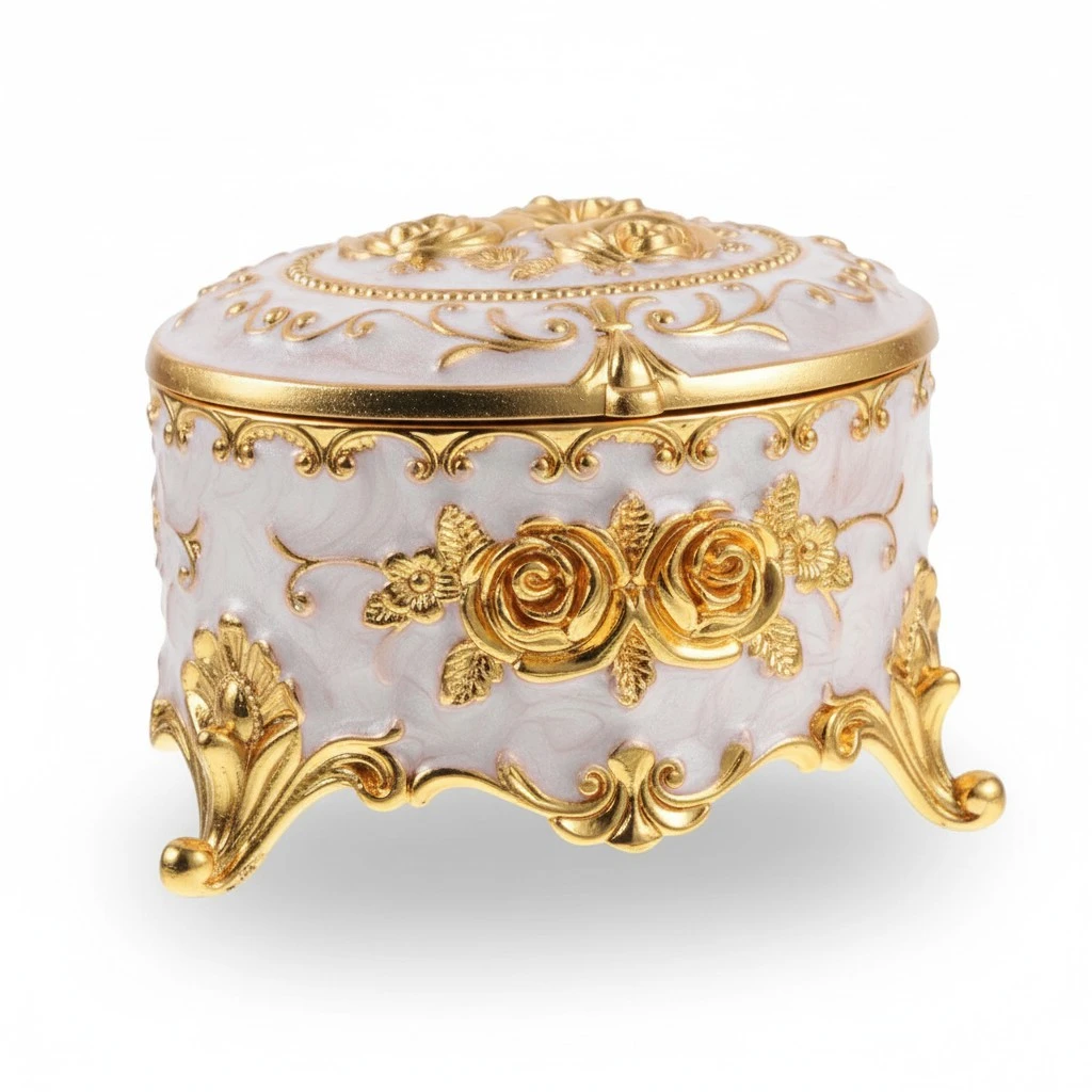 Alloy Jewelry Organizer Decorative Relief Flower Pattern Trinket Box Vintage Style Jewelry Box