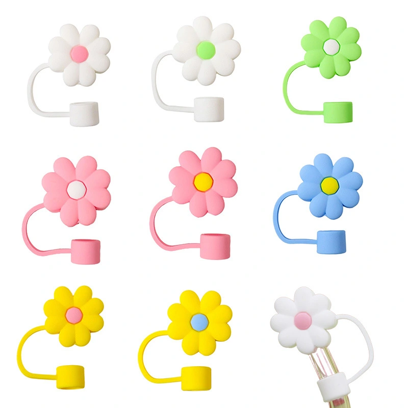 8pcs Drinking Straws Plugs Straw Caps Silicone Reusable Flower Straw Tips