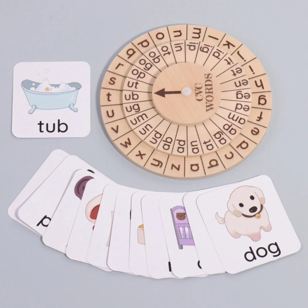 1 Set Rotating Wood Board Spell Learning Toys Words  Spelling Game Board Cards