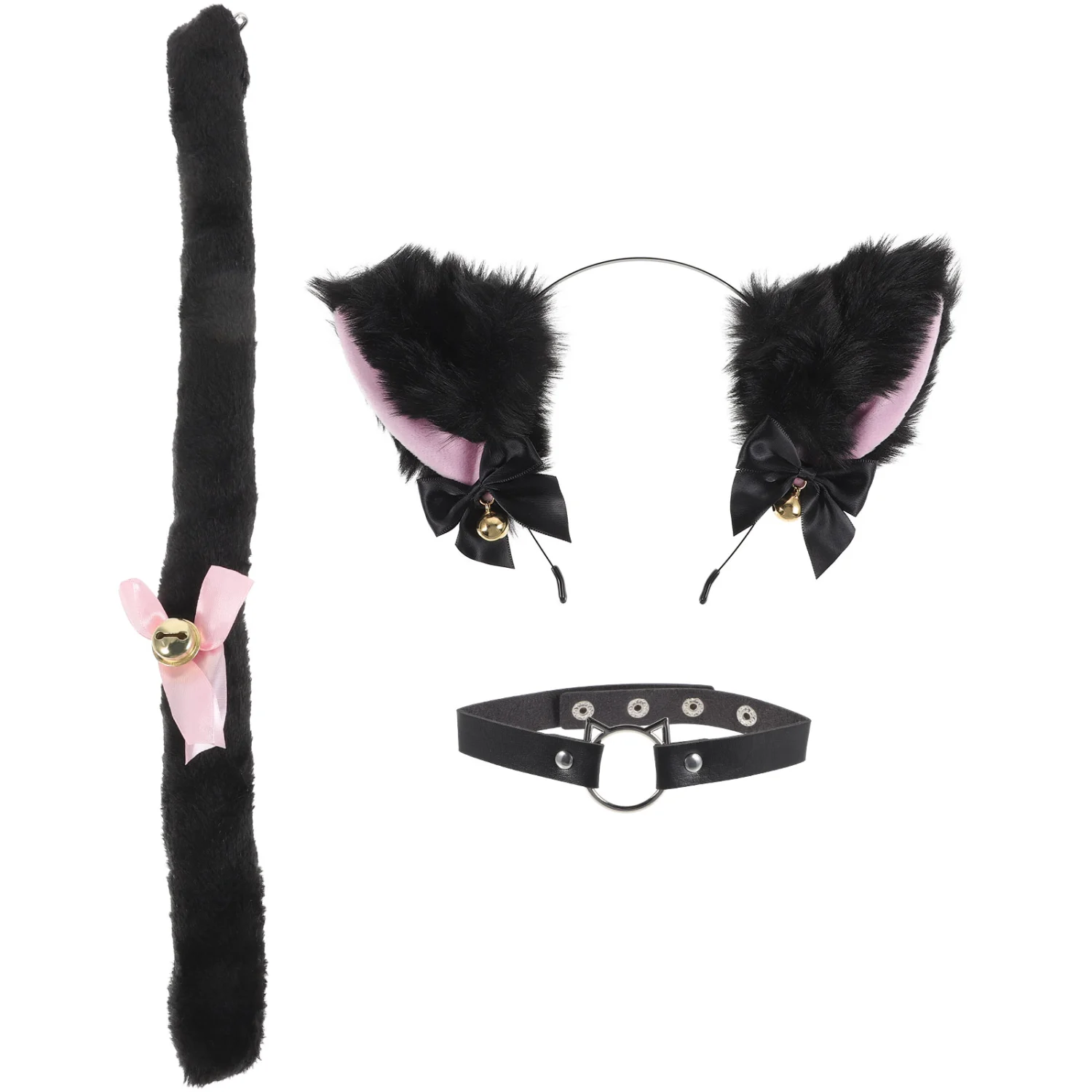 1 Set Cat Ears and Tail Costume Accessories Including Cat Ears Headband Animal Tail and Choker Necklace