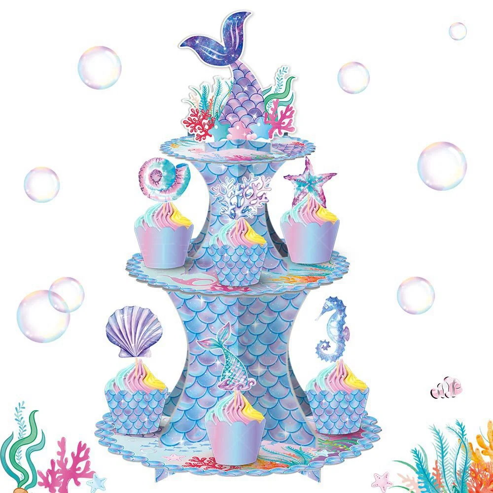 Creative Mermaid Themed Cake Display Stand Girls Birthday Party Cake Display Rack Multi-layer Paper Cake Holder