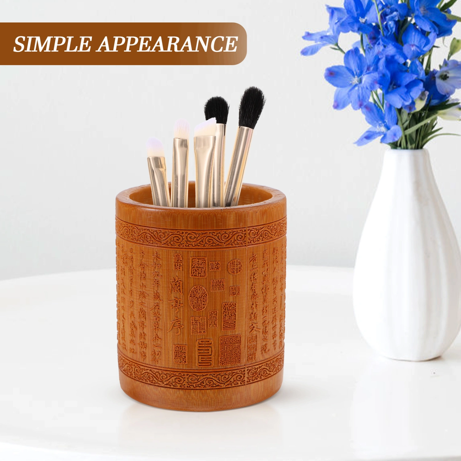 Vintage Pen Cup Bamboo Desk Pencil Holder Makeup Brush Holder Desktop Organizer