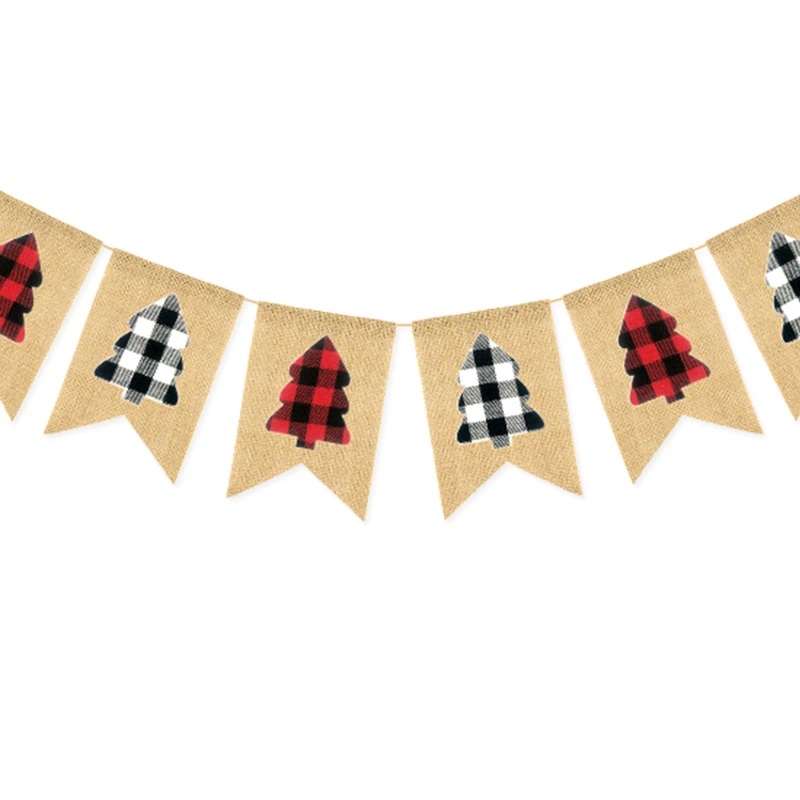 Christmas Hanging Banner Plaid Christmas Tree Burlap Banner Xmas Party Supplies