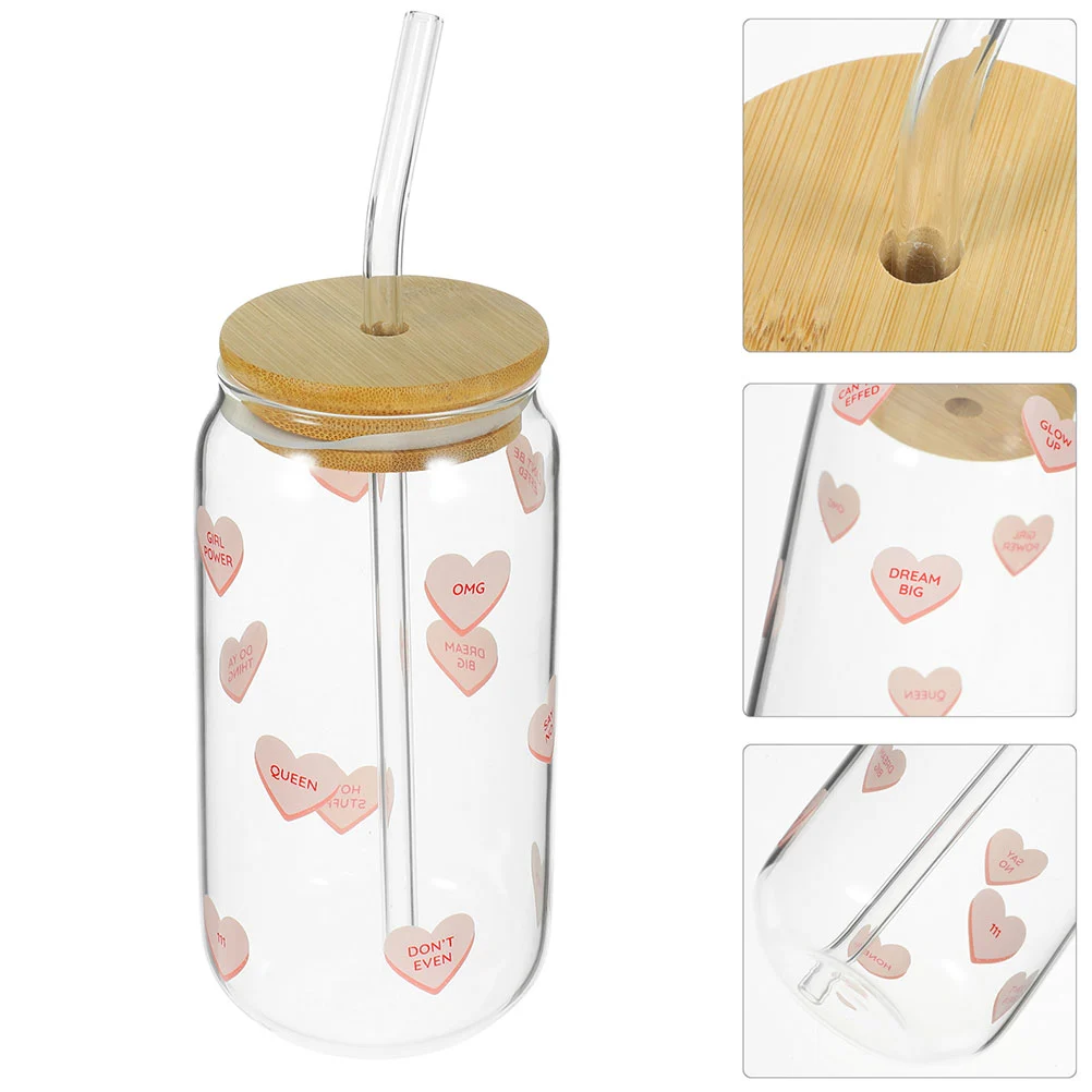 Glass Coffee Cups Glass Juice Cup Milk Cups with Wood Lid and Straw for Home Restaurant
