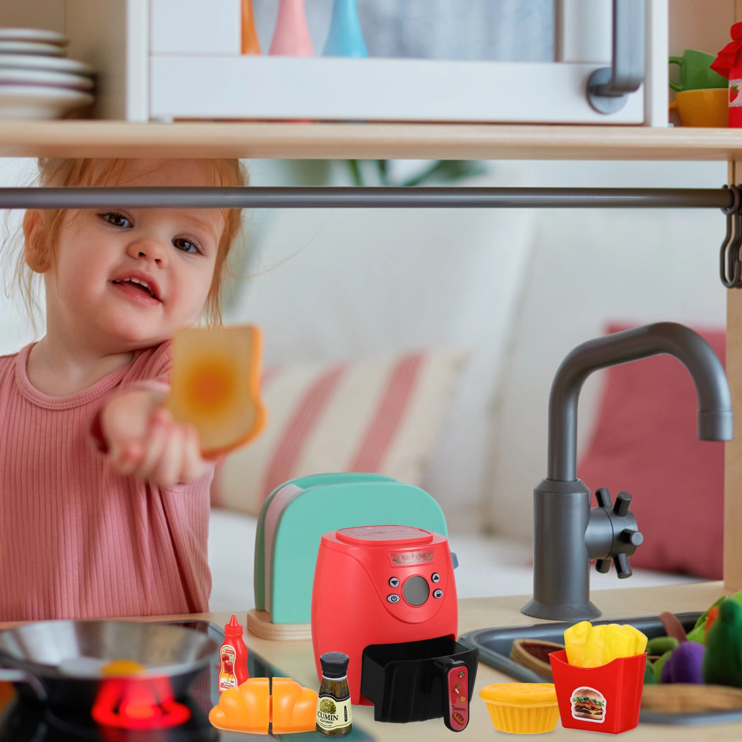 1 Set Air Fryer with Color Changing Play Food Kitchen Playset Cooking Pretend Plaything for Birthday Gift