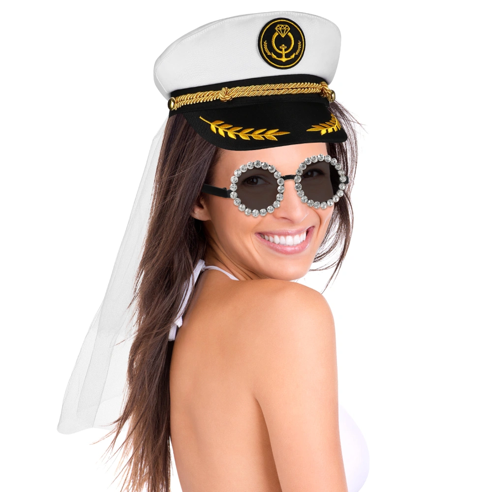 SOIMISS Women Captain Yacht Hat with Shiny Glasses Set Sailor Costume Props for Bachelor Party