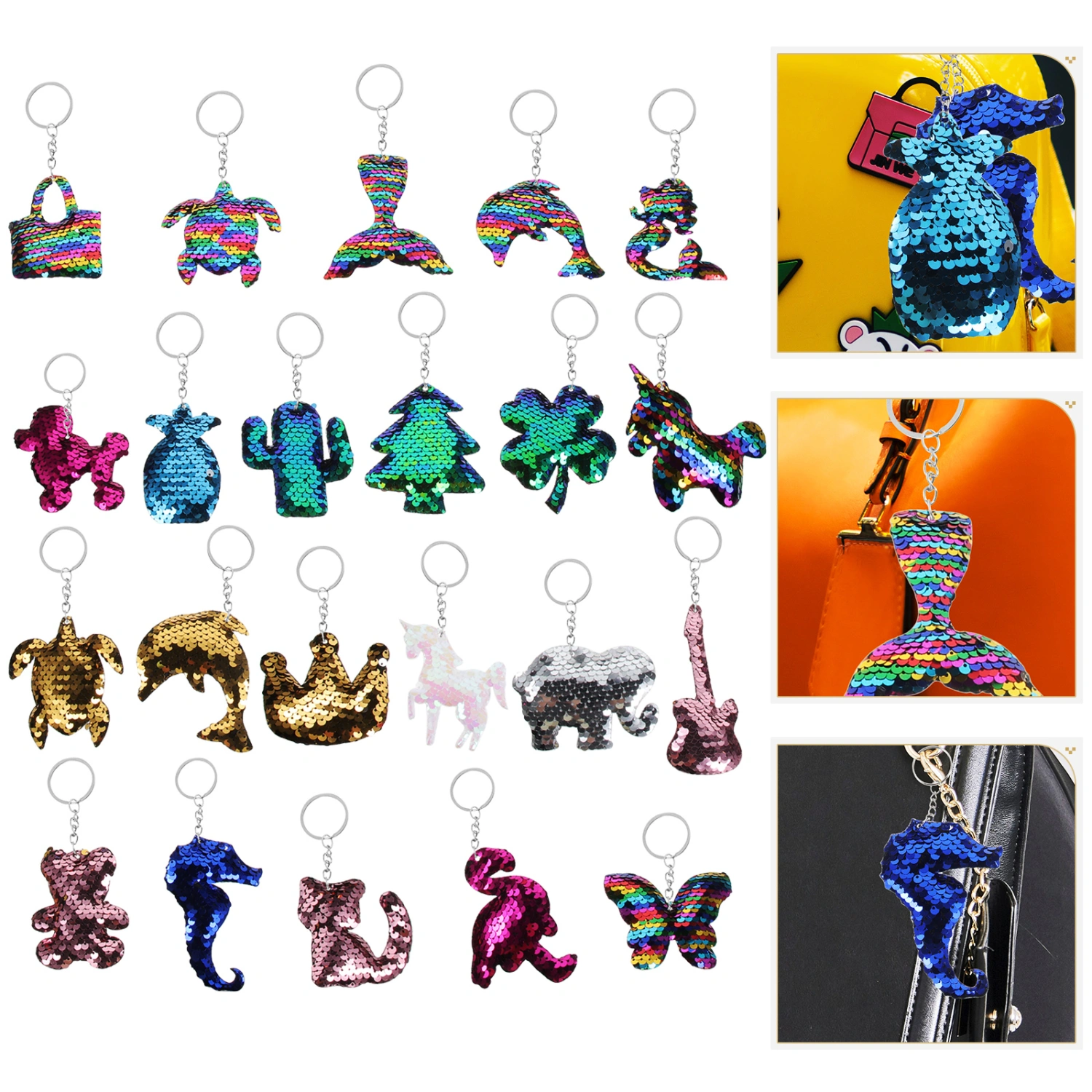 22pcs Unique Sequin Key Chain Double-side Glitter Key Ring Bag Hanging Glitter Pendant