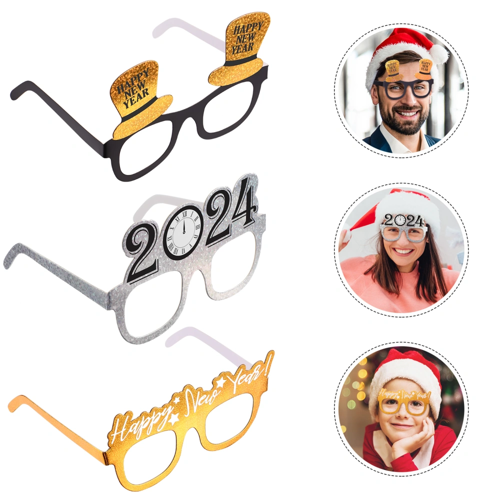 Amosfun 9pcs Happy New Year 2024 New Years Eve Party Eyeglasses Photography Glasses Props Paper Glasses