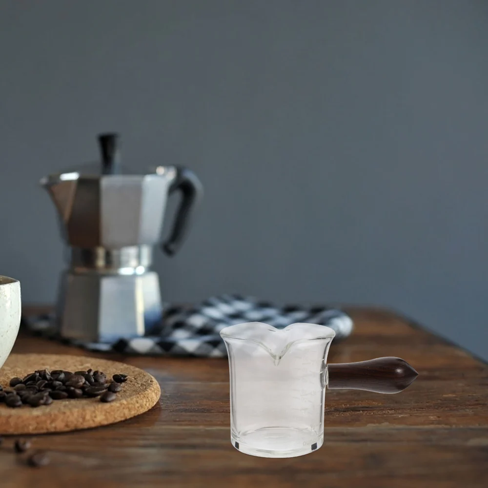 Double Spouts Measuring Cup with Wooden Handle Mini Sauce Pitcher Milk Coffee Pitcher