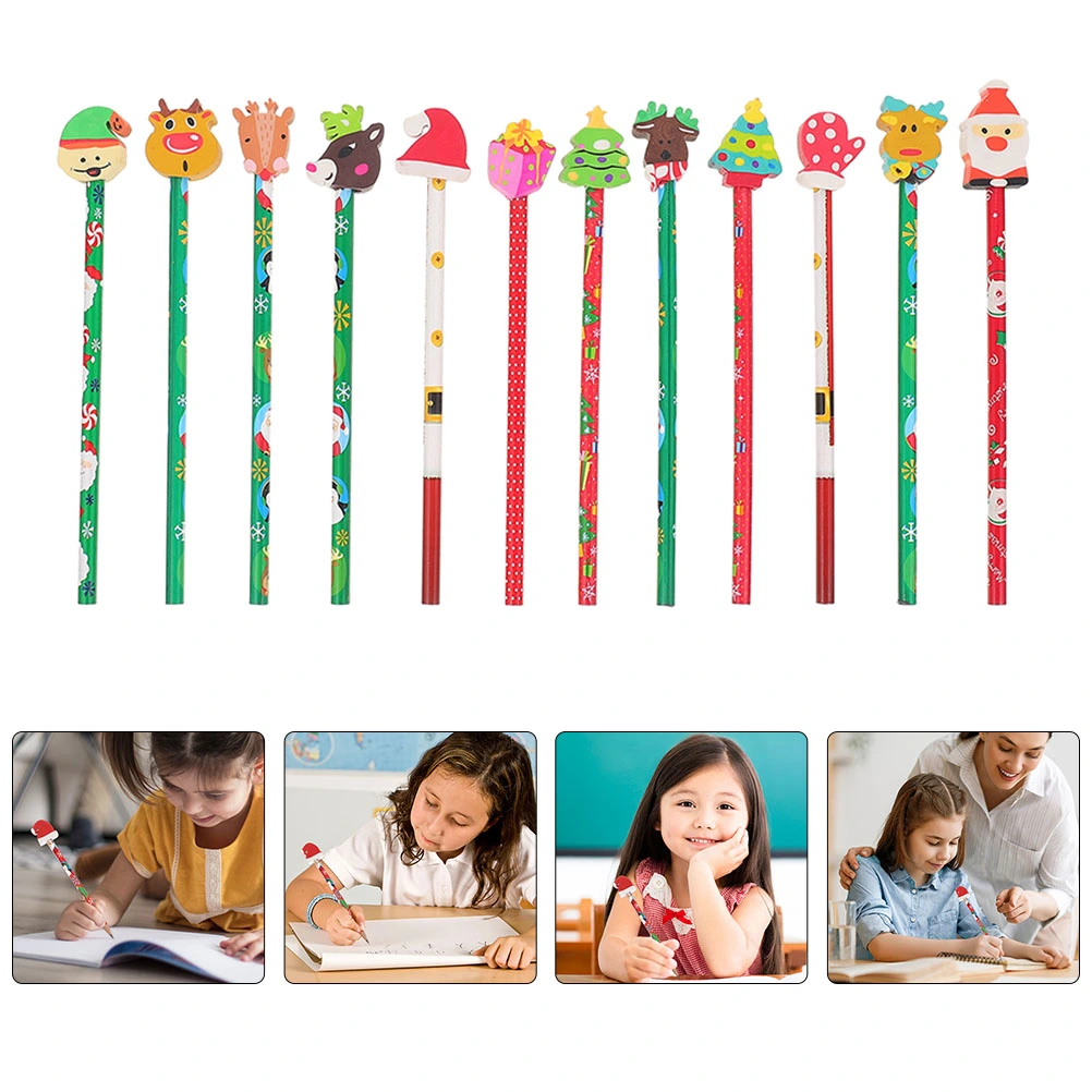 12pcs Christmas Pencils For Kids Xmas Pencils With Erasers Wooden Pencils Kids Writing Pencils ( Mixed Style )