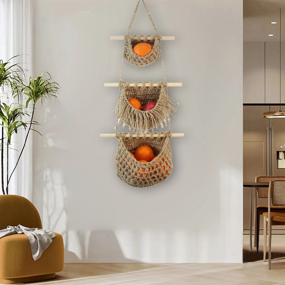 Hanging Fruit Basket 3-Tier Woven Fruit Vegetable Storage Basket Kitchen Hanging Organizer