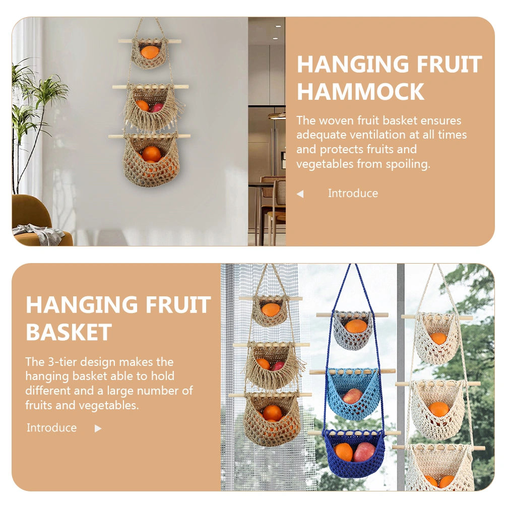 Hanging Fruit Basket 3-Tier Woven Fruit Vegetable Storage Basket Kitchen Hanging Organizer