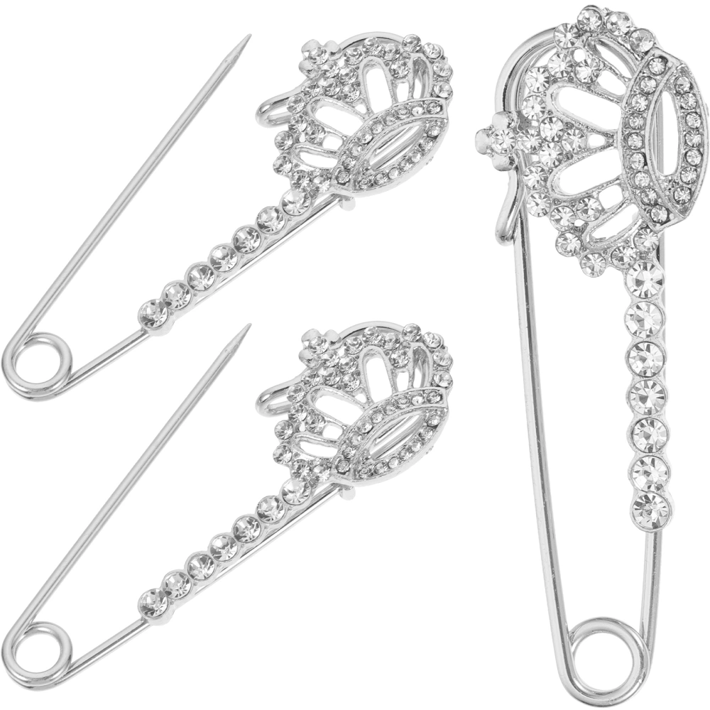 3pcs Crown Pin Rhinestone Brooch Pin Safety Pin Cardigan Shawl Pin for Women