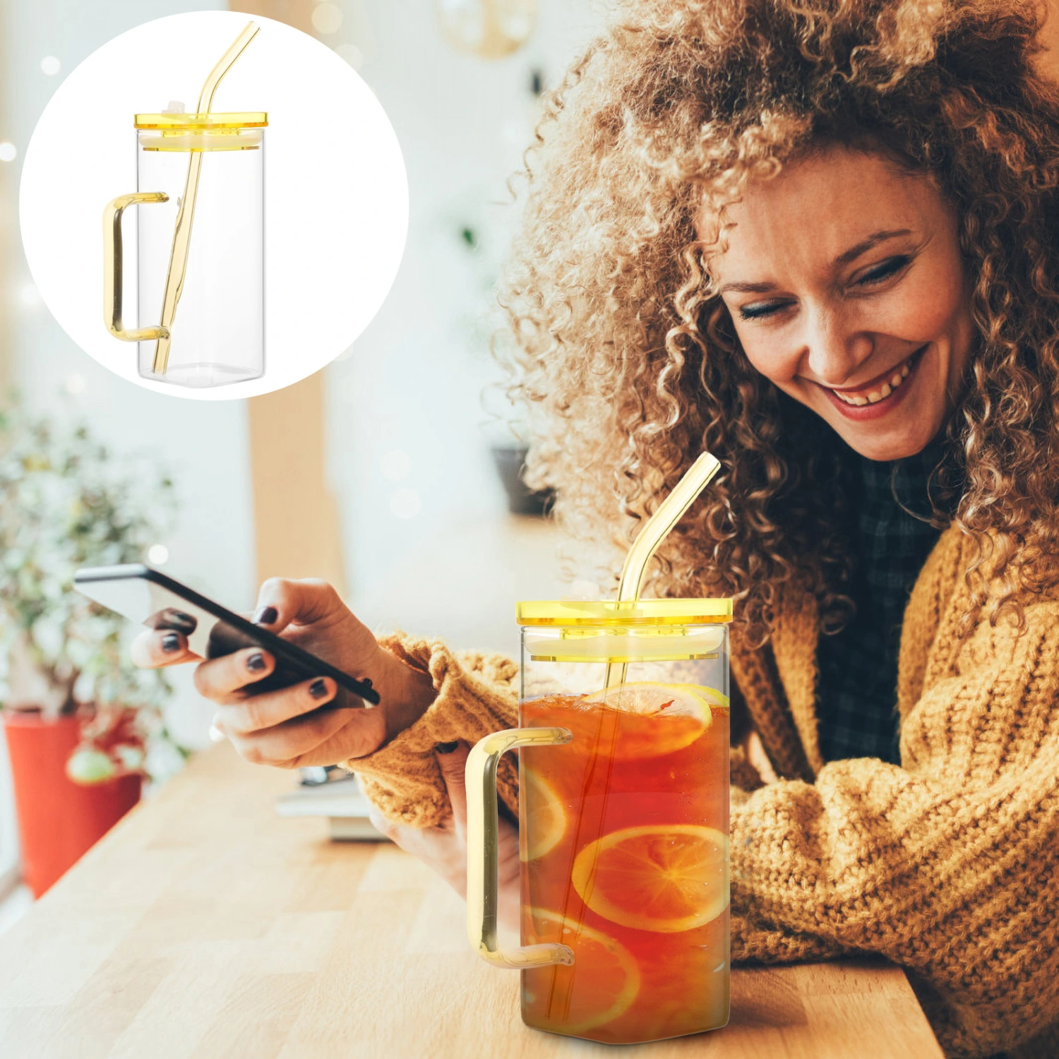 1 Set of Square Glass Cup Simple Design Iced Coffee Cup Household Glass Bottle with Handle