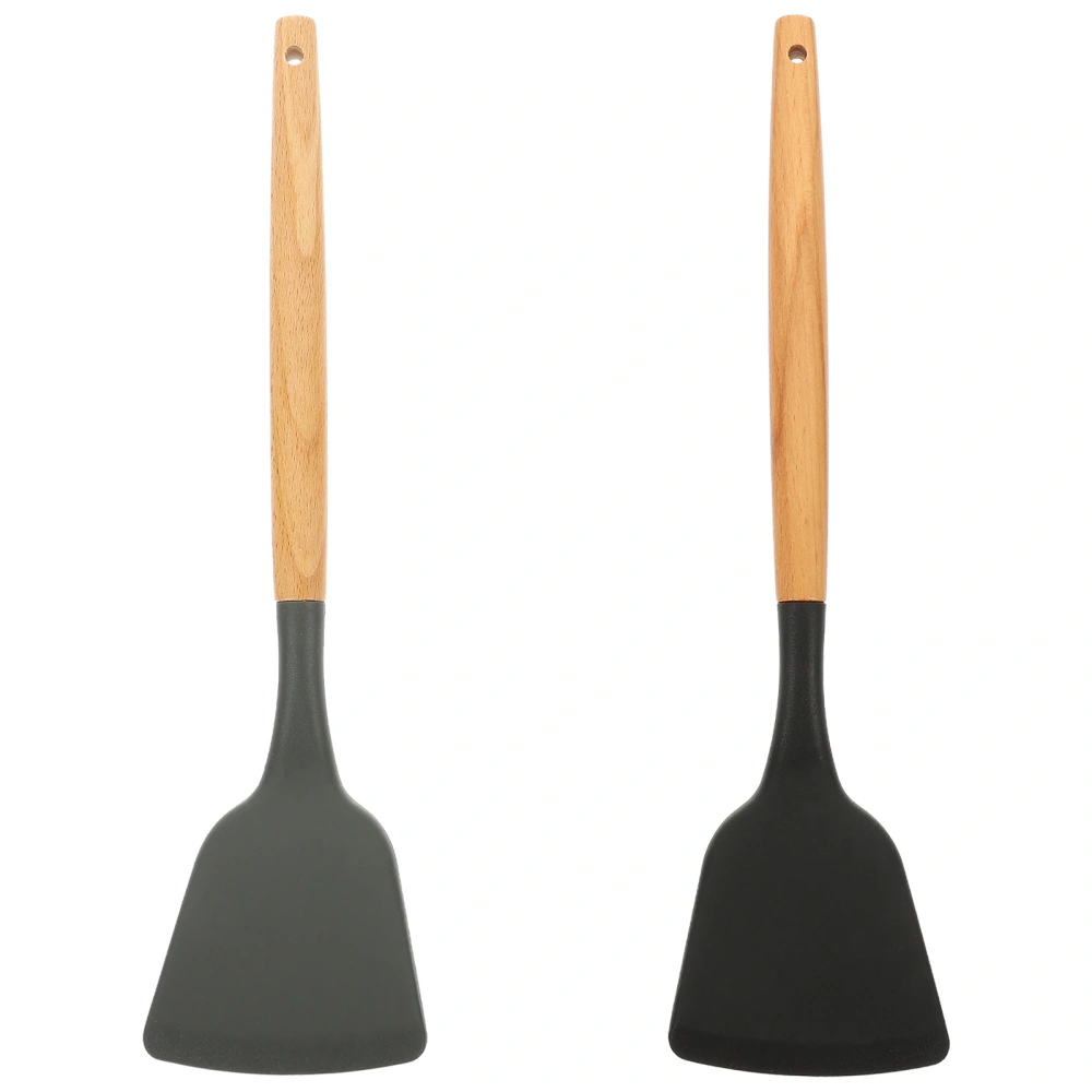 2Pcs Silicone Spatula Non Stick Kitchen Spatula Heat Resistant Wok Cooking Spatula with Wooden Handle