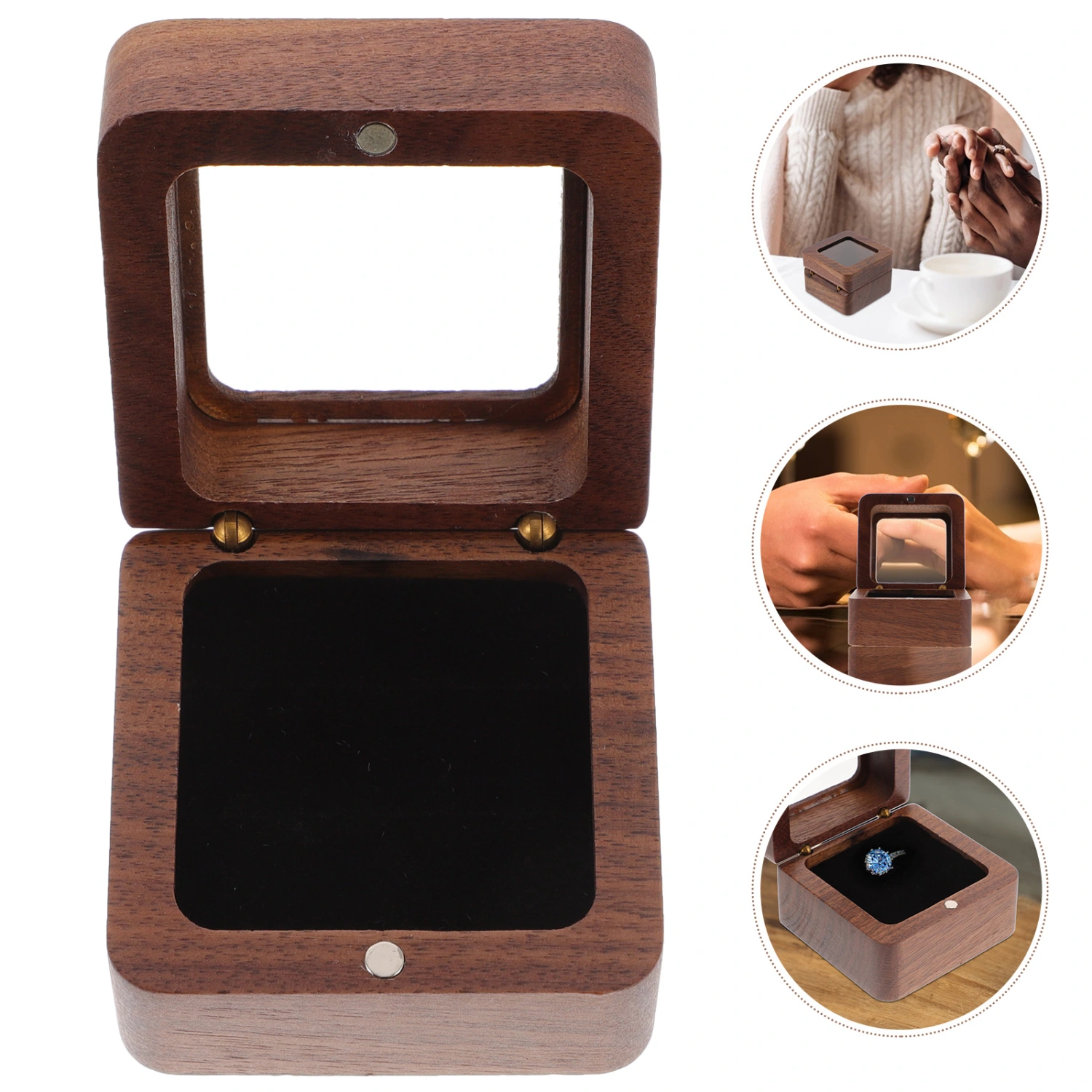 Square Double Ring Box Wedding Ceremony Engagement Ring Case Wooden Ring Holder