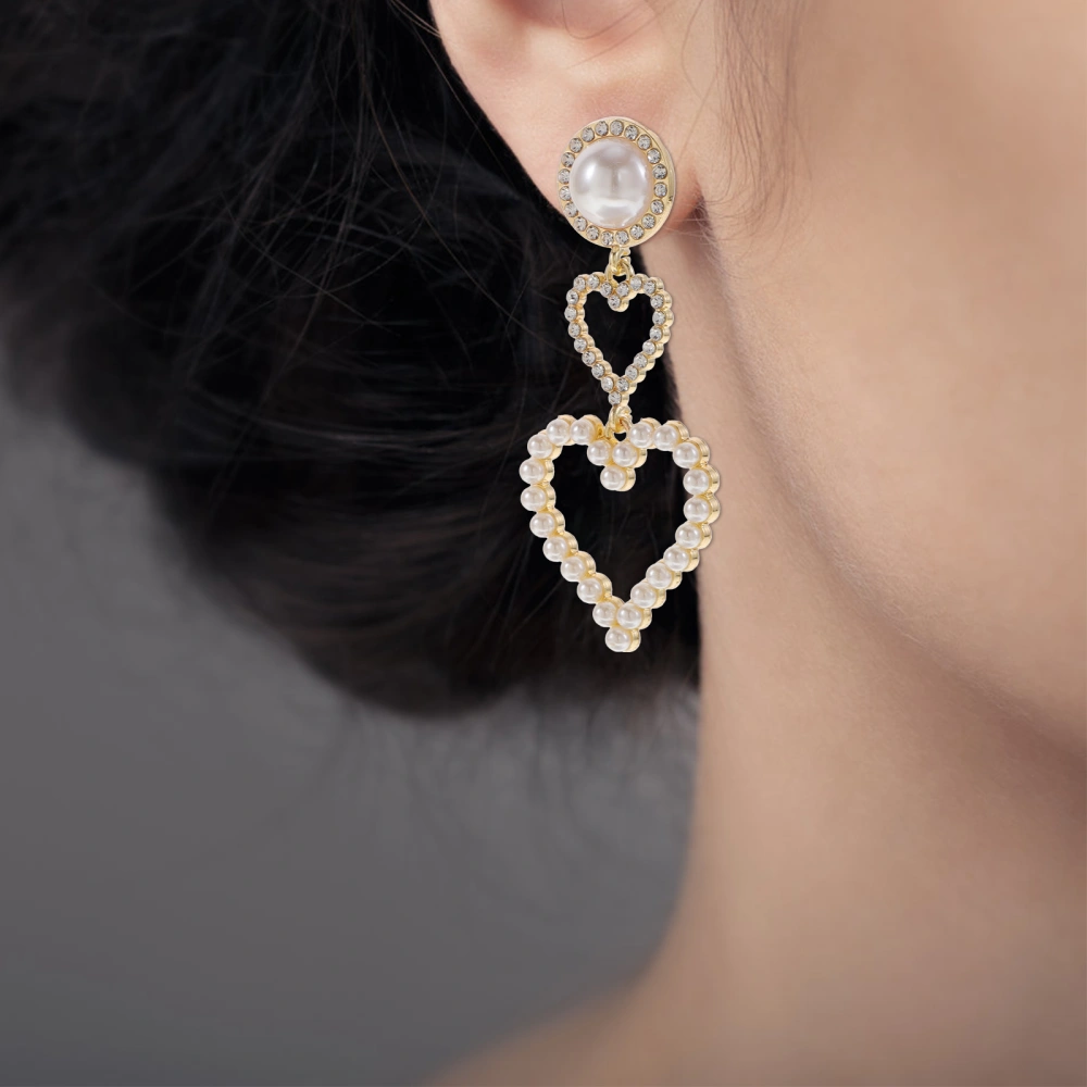 1 Pair Heart Earring Women Rhinestone Earring Simulated Pearl Pendant Earring Jewelry