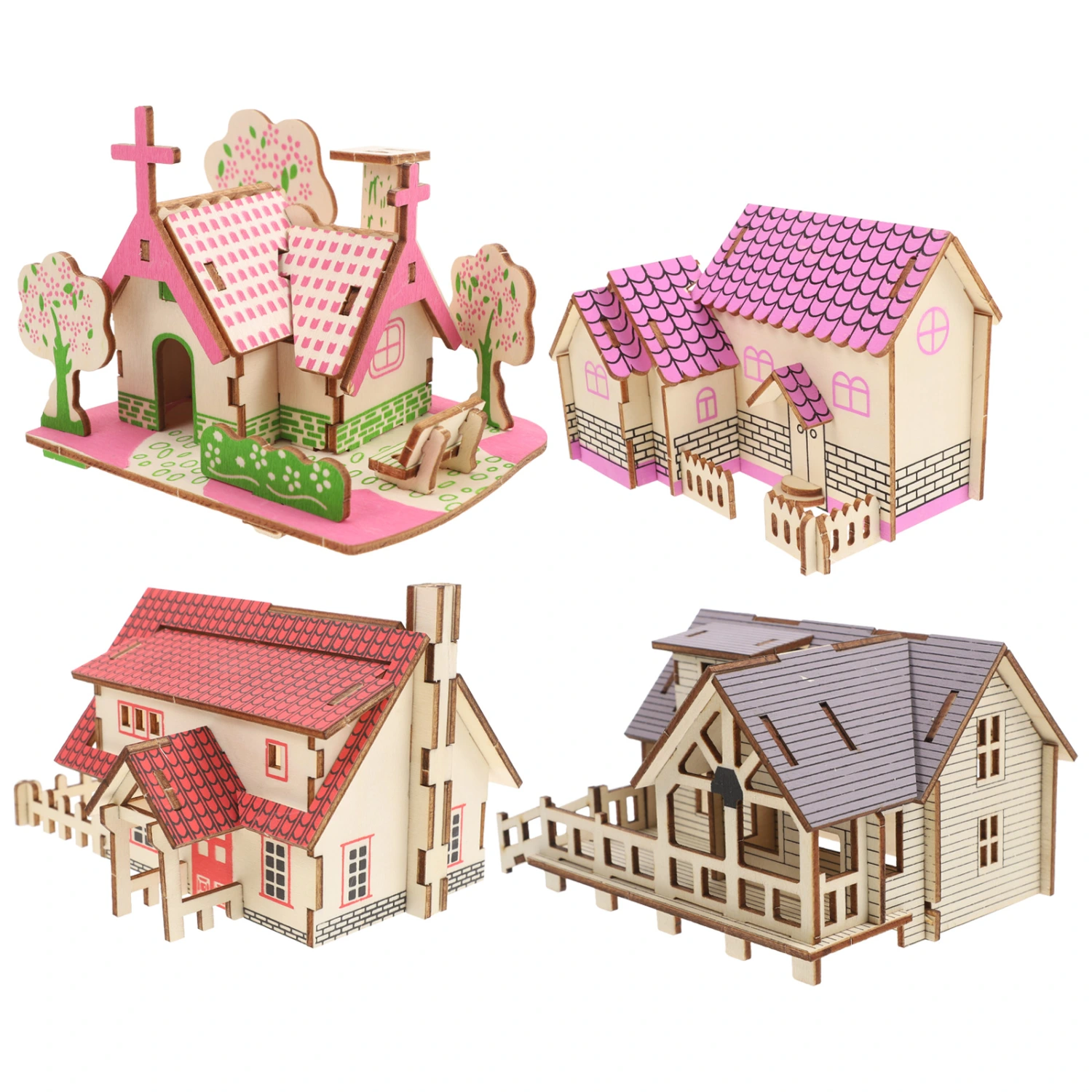 4pcs Wood 3D Puzzle Wooden Craft DIY Model Cabin Kit Puzzle Kits for Adults Toddler Craft Gift