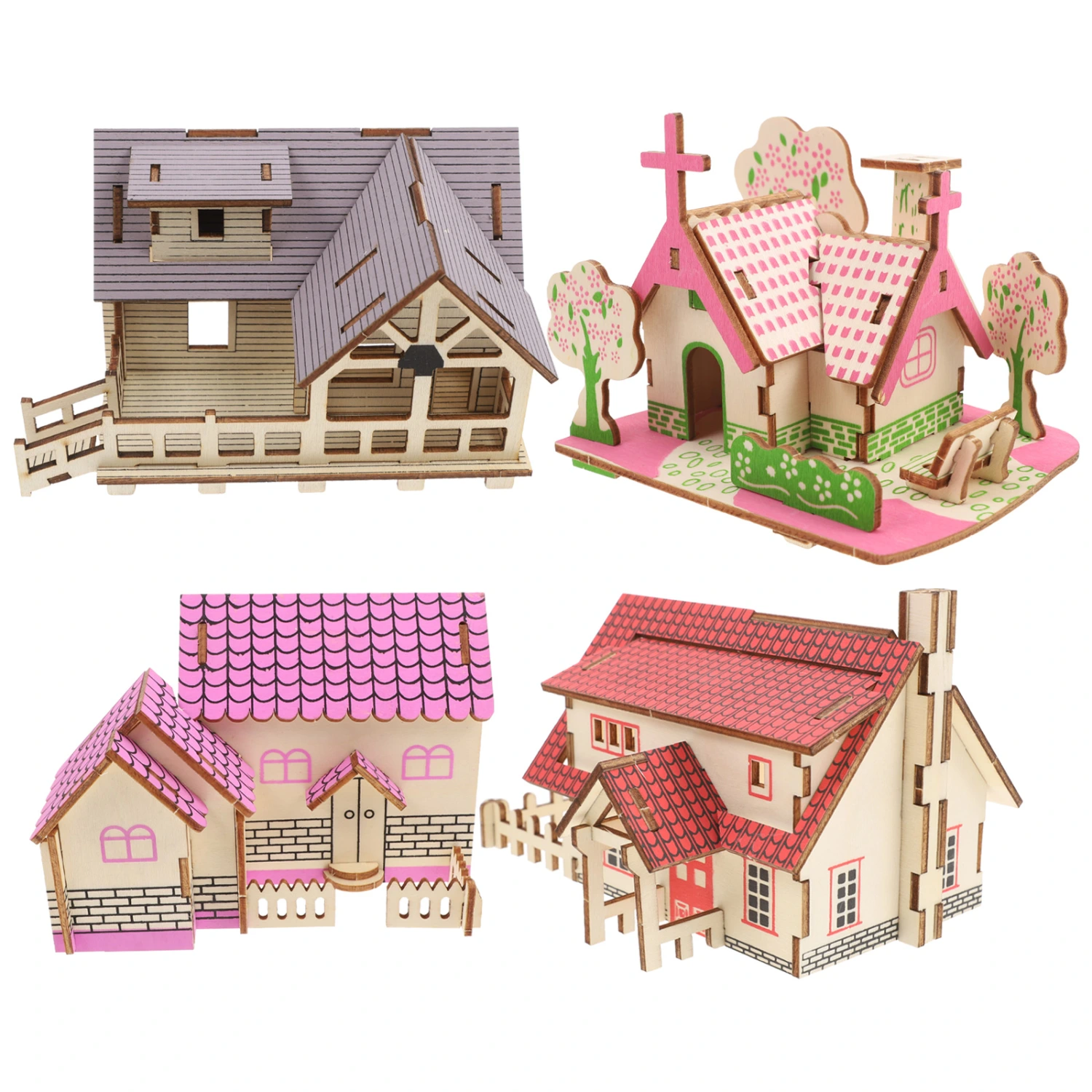 4pcs Wood 3D Puzzle Wooden Craft DIY Model Cabin Kit Puzzle Kits for Adults Toddler Craft Gift