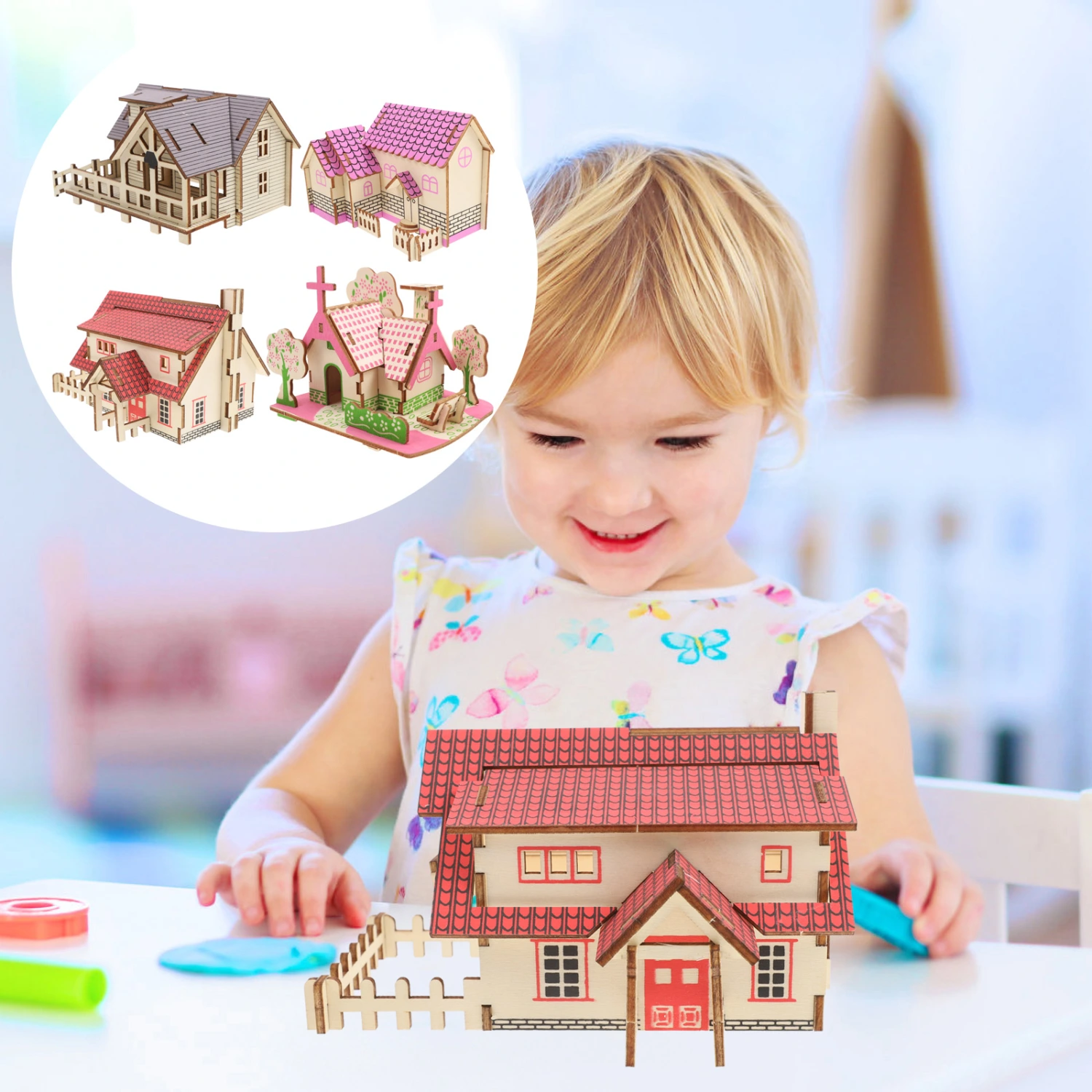 4pcs Wood 3D Puzzle Wooden Craft DIY Model Cabin Kit Puzzle Kits for Adults Toddler Craft Gift