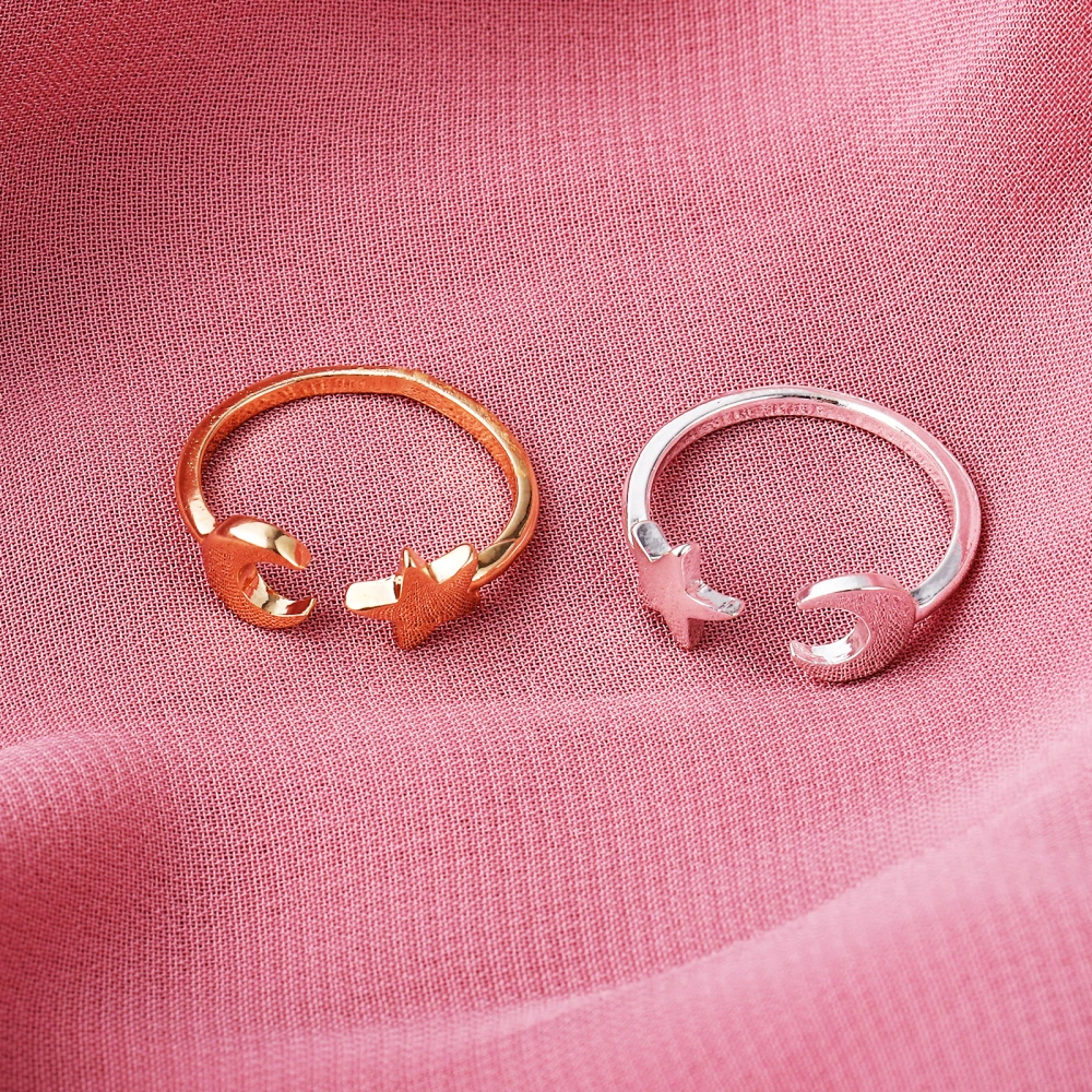 2 Pcs Moon Star Rings Open Wrap Rings Star Moon Design Fashion Rings Exquisite Finger Rings