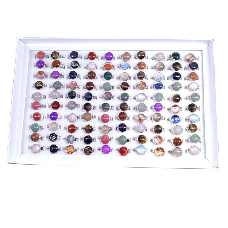 10pcs Polished Stone Open Ring Fashionable Women Finger Ring Adjustable Jewelry Ring Charm