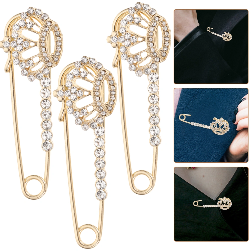 3pcs Crown Pin Rhinestone Brooch Pin Safety Pin Cardigan Shawl Pin for Women