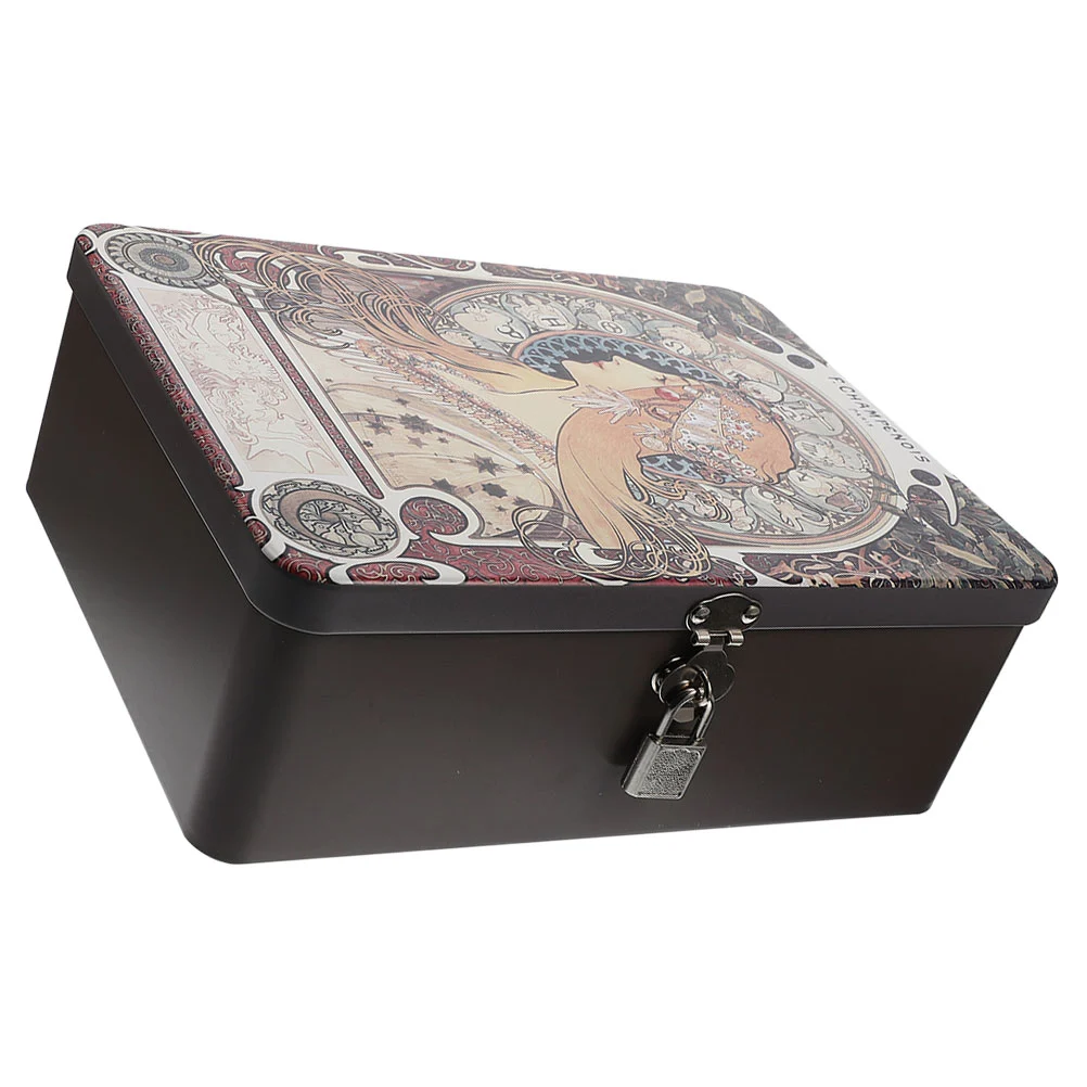 Vintage Tinplate Storage Box Lockable Small Cash Storage Box Jewelry Case with Lock