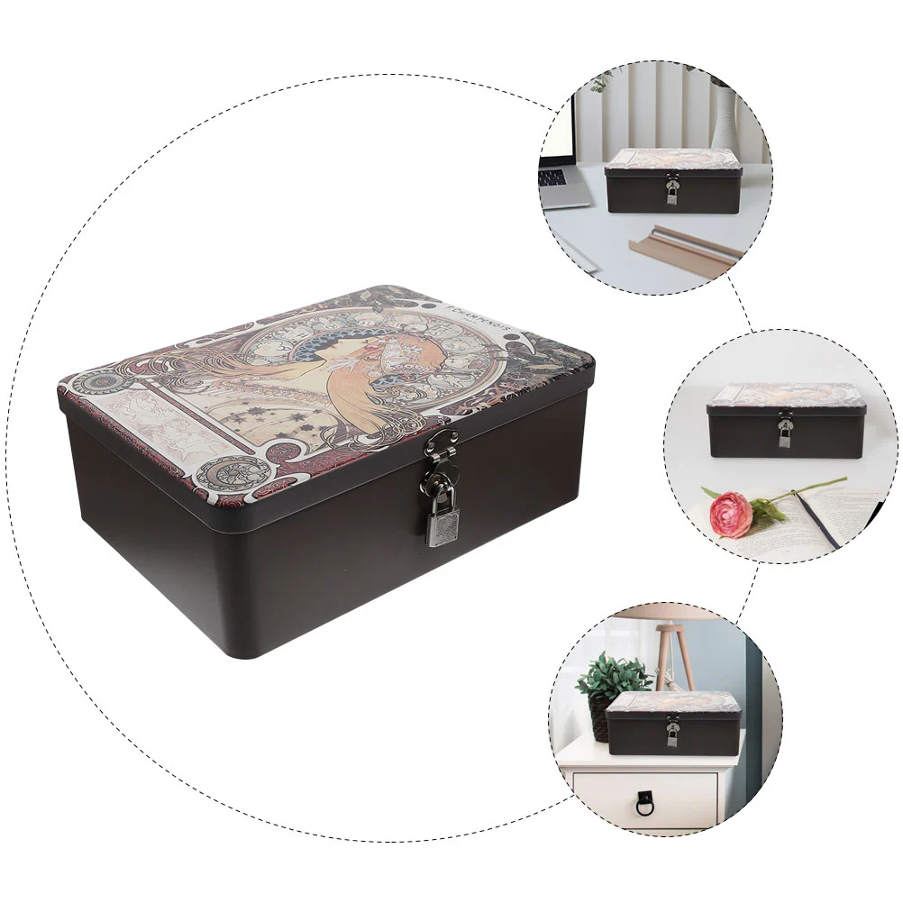 Vintage Tinplate Storage Box Lockable Small Cash Storage Box Jewelry Case with Lock