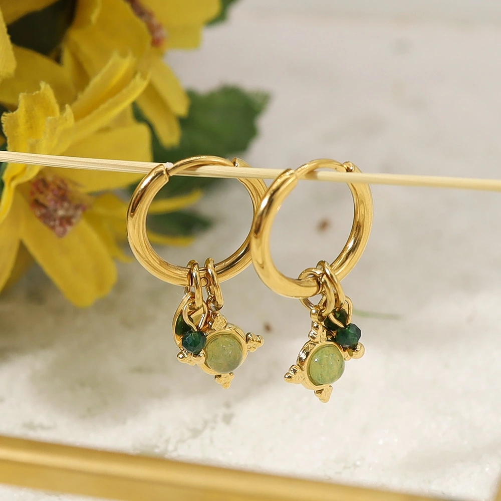 Aventurine Natural Stone Pendant 18K Gold Plated Earrings