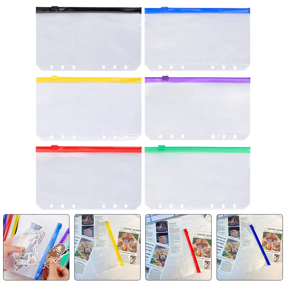 6pcs Notebook Refill Zipper Pockets 6-Holes Clear Pockets Organizing Pockets